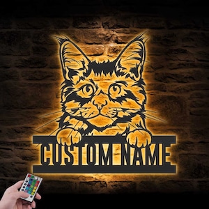 カスタム 覗くメインクーン 猫 メタル ウォール アート LED ライト パーソナライズ 面白い 猫好き 名前 サイン ホーム デコレーション 子供 保育園 デコレーション 誕生日