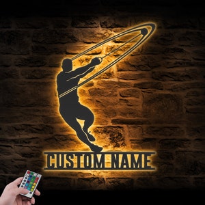 Custom Man Hammer Thrower Metal Wall Art LED Light Personalized Hammer Throw Player Name Sign Home Decor Athletics Decoration Throwing Sport