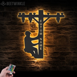 Custom Lineman Metal Wall Art LED Light Personalized Electrical Worker Name Sign Home Decor Electrician Decoration Birthday Christmas Xmas