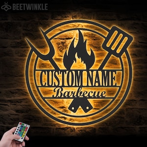 Custom Grill Metal Wall Art LED Light Personalized Backyard BBQ Name Sign Home Decor Barbecue Decoration Patio Housewarming Xmas Birthday