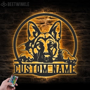 Custom GSD German Shepherd Metal Wall Art LED Light Personalized Dog Lover Name Sign Home Decor Kids Nursery Pet Decoration Birthday Xmas