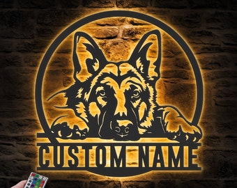 Letrero de metal con luz LED para pared personalizado con diseño de pastor alemán GSD, con nombre personalizado para amantes de los perros, decoración para el hogar, guardería infantil, decoración para mascotas, cumpleaños y Navidad