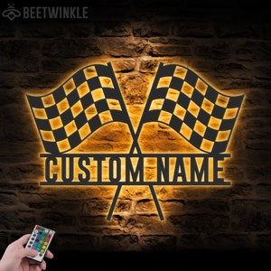 Custom Start Finish Racing Flag Metal Wall Art LED Light Personalized Race Checkered Flag Name Sign Home Decor Checker Topper Decoration