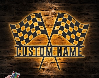 Custom Start Finish Racing Flag Metal Wall Art LED Light Personalized Race Checkered Flag Name Sign Home Decor Checker Topper Decoration