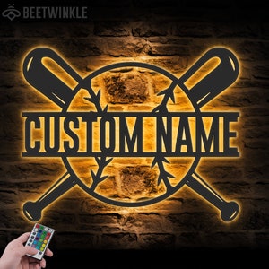 Custom Baseball Bat Metal Wall Art LED Light Personalized Softball Player Name Sign Home Decor Kid Nursery Decoration Birthday Housewarming
