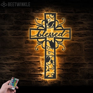 Blessed Cross Metal Wall Art LED Light Christ Sign Home Decor God Faith Cross Decoration Religious Lord Housewarming Christmas Birthday gift