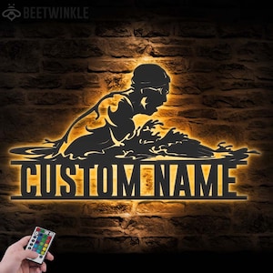 Custom Man BreastStroke Swimming Metal Wall Art LED Light Personalized Male Breast Stroke Swimmer Name Sign Home Decor Pool Sign Decoration