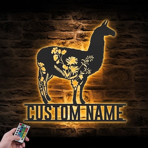 Custom WildFlower Llama Metal Wall Art LED Light Personalized Wild Flower Alpaca Name Sign Home Decor Floral Camel Farm Decoration Christmas