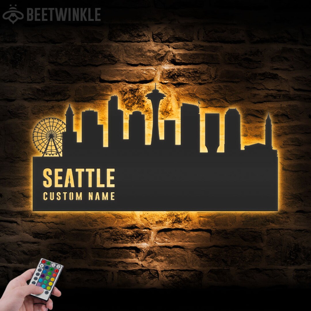Custom Seattle Skyline Metal Wall Art LED Light Personalized Washington