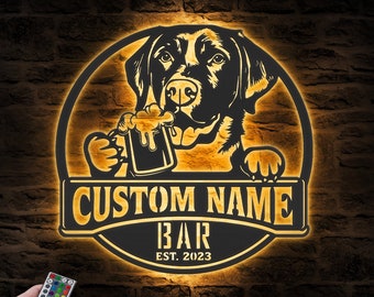 Letrero de metal para pared con luz LED personalizado con nombre de labrador negro sediento para bar de cerveza, decoración para el hogar, decoración para amantes de la cerveza