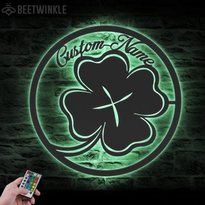 Arte de pared de metal con trébol de cuatro hojas personalizado, luz LED, letrero con nombre personalizado para el día de San Patricio, decoración para el hogar, trébol de la suerte, decoración irlandesa para cumpleaños