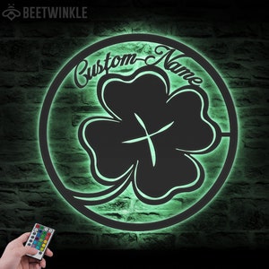 Custom Four Leaf Clover Metal Wall Art LED Light Personalized St Patricks Day Name Sign Home Decor Shamrock Lucky Irish Decoration Birthday