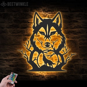 Wolf In Forest Metal Wall Art LED Light Wolf Moon Sign Home Decor Kid Boy Girl Nursery Decoration Christmas Birthday Housewarming Gift