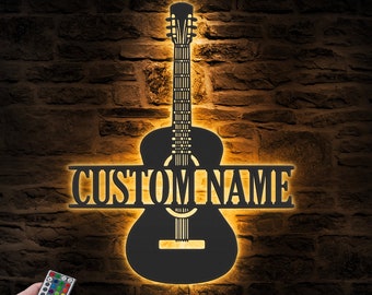 Custom Guitar Player Metal Wall Art LED Light Personalized Guitarist Name Sign Home Decor Music Room Kids Nursery Decoration Birthday Xmas