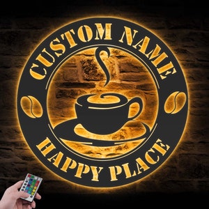 Custom Coffee Bar Metal Wall Art LED Light Personalized Coffee Lover Name Sign Home Decor Kitchen Decoration Patio Housewarming Christmas