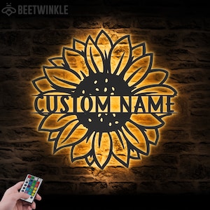 Custom Sunflower Monogram Metal Wall Art LED Light Personalized Sunflower Farmhouse Name Sign Home Decor Farming Decoration Xmas Birthday