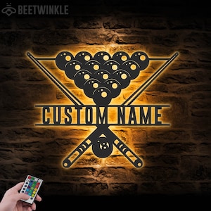 Custom Billiards Metal Wall Art with LED Light Personalized Snooker Player Name Sign Home Decor Pool Ball Decoration Man Cave Christmas Gift