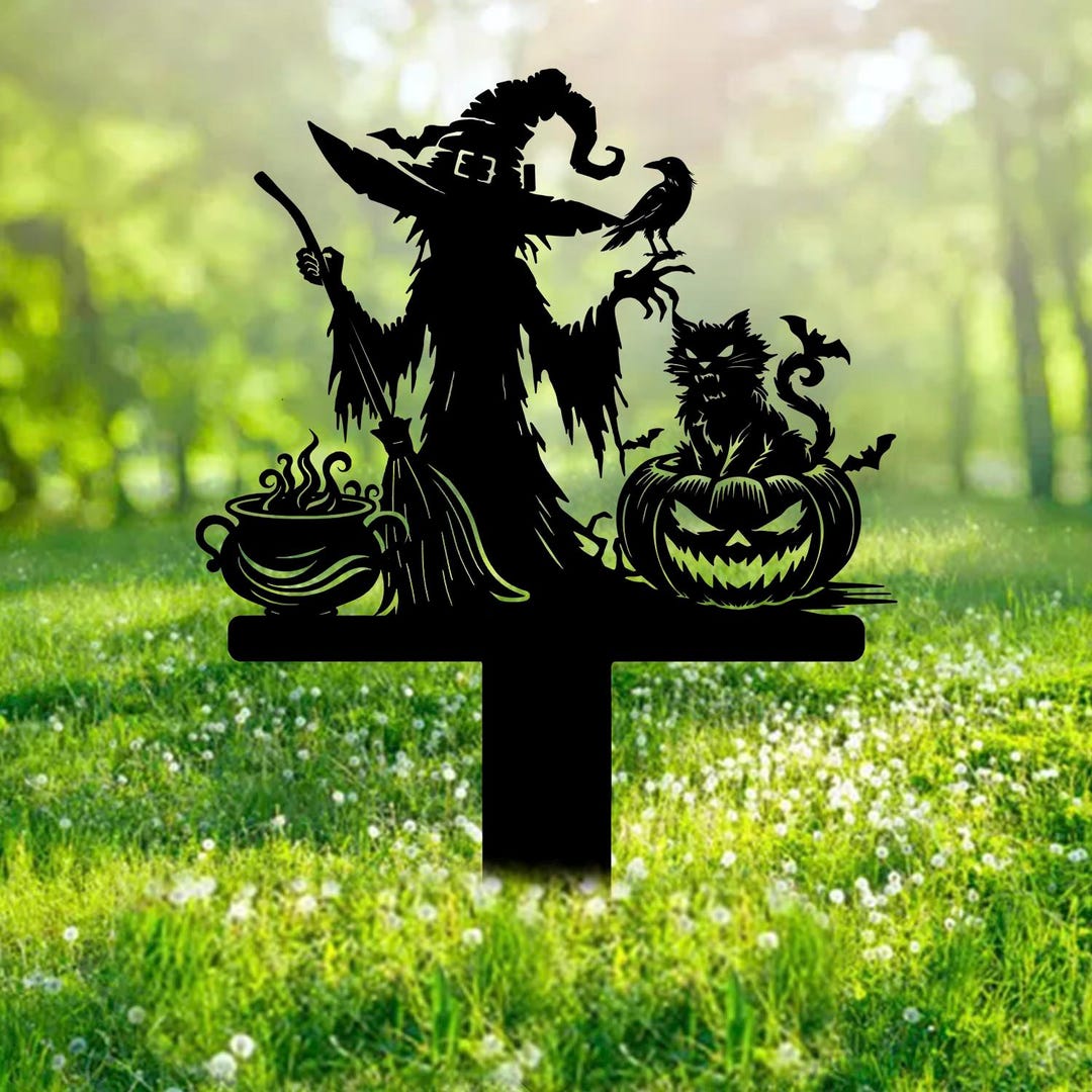Witch Broom Cauldron Metal Garden Stake Halloween Metal Yard Art Sign ...