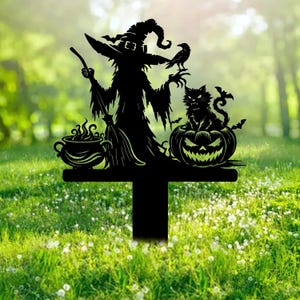 Witch Broom Cauldron Metal Garden Stake Halloween Metal Yard Art Sign Black Cat Scary Pumpkin Outdoor Decor Spooky Season Halloween Sign