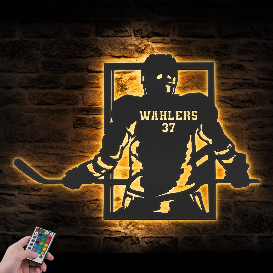 Custom Man Ice Hockey Metal Wall Art LED Light Personalized Boy Player