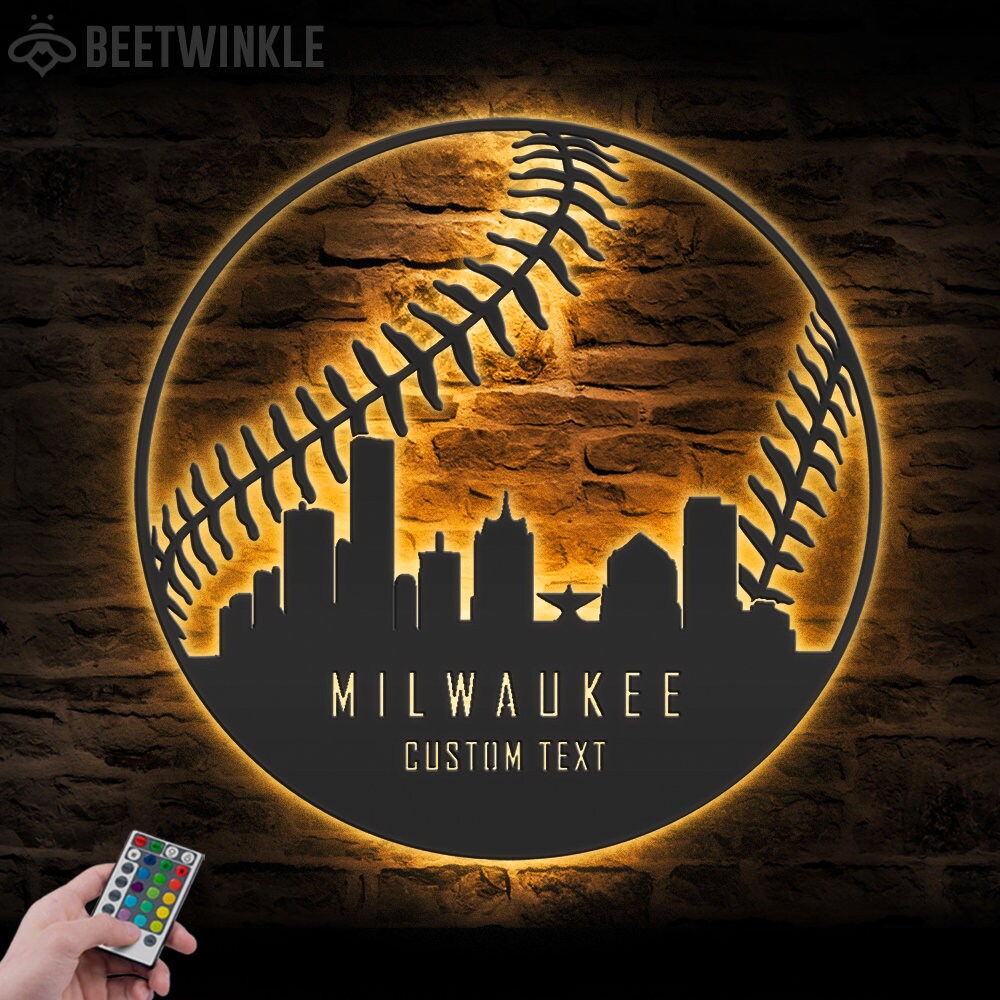 Letrero de metal con luz LED para pared con diseño de béisbol de Milwaukee Skyline personalizado con nombre de jugador de softbol, decoración para el hogar, decoración para guardería infantil, cumpleaños