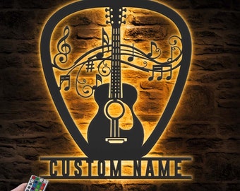 Custom Guitar Pick Metal Wall Art LED Light Personalized Guitar Player Name Sign Home Decor Music Room Decoration Guitarist Birthday Xmas