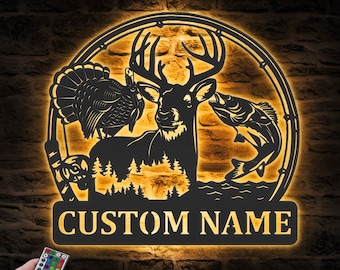 Custom Deer Turkey And Bass Fishing Metal Wall Art LED Light Personalized Hunter Name Sign Home Decor Cabin Decoration Housewarming Xmas