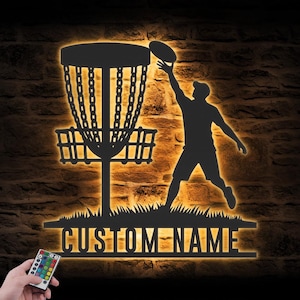 Custom Male Disc Golf Player Metal Wall Art LED Light Personalized Disc Golfer Name Sign Home Decor Decoration Man Cave Birthday Christmas