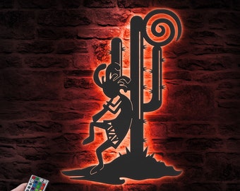 Kokopelli Dancing Metal Wall Art LED Light Humpbacked Flute