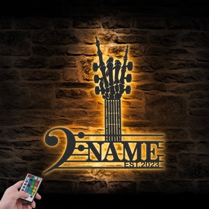 Custom Rock On Guitar Metal Wall Art LED Light Personalized Rock And Roll Skeleton Hand Name Sign Home Decor Music Room Decoration Christmas
