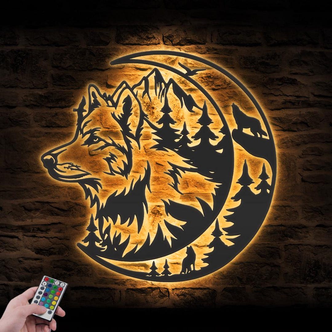 Wolf on the Moon Metal Wall Art LED Light Howling Wolf Sign Home Decor ...