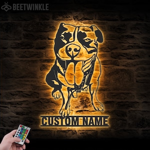 Custom Pitbull Metal Wall Art LED Light Personalized Dog Lover Name Sign Home Decor Kids Nursery Pet Decoration Birthday Christmas Gift