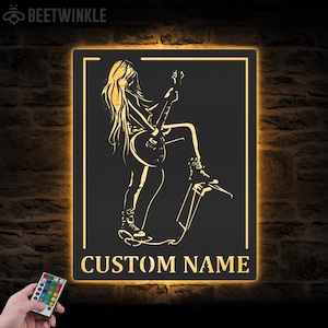 Custom Female Play Guitar Metal Wall Art LED Light Personalized Girl Rock And Roll Name Sign Home Decor Music Room Decoration Singer Gift