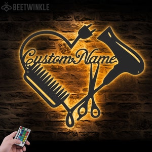 Custom Hair Salon Heart Metal Wall Art LED Light Personalized Hair Stylist Name Sign Home Decor Hairdresser Decoration Barbershop Birthday