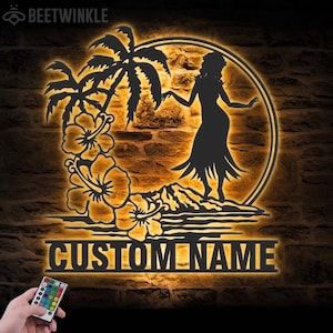 Custom Hula Dancer Hawaiian Flower Scene Metal Wall Art LED Lights Personalized Hula Dancing Name Sign Home Decor Dance Room Decoration Xmas