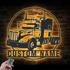 Custom Semi Truck Driver Metal Wall Art LED Light Personalized Trucker Name Sign Home Decor 18 wheeler Decoration Birthday Xmas Dad Gifts