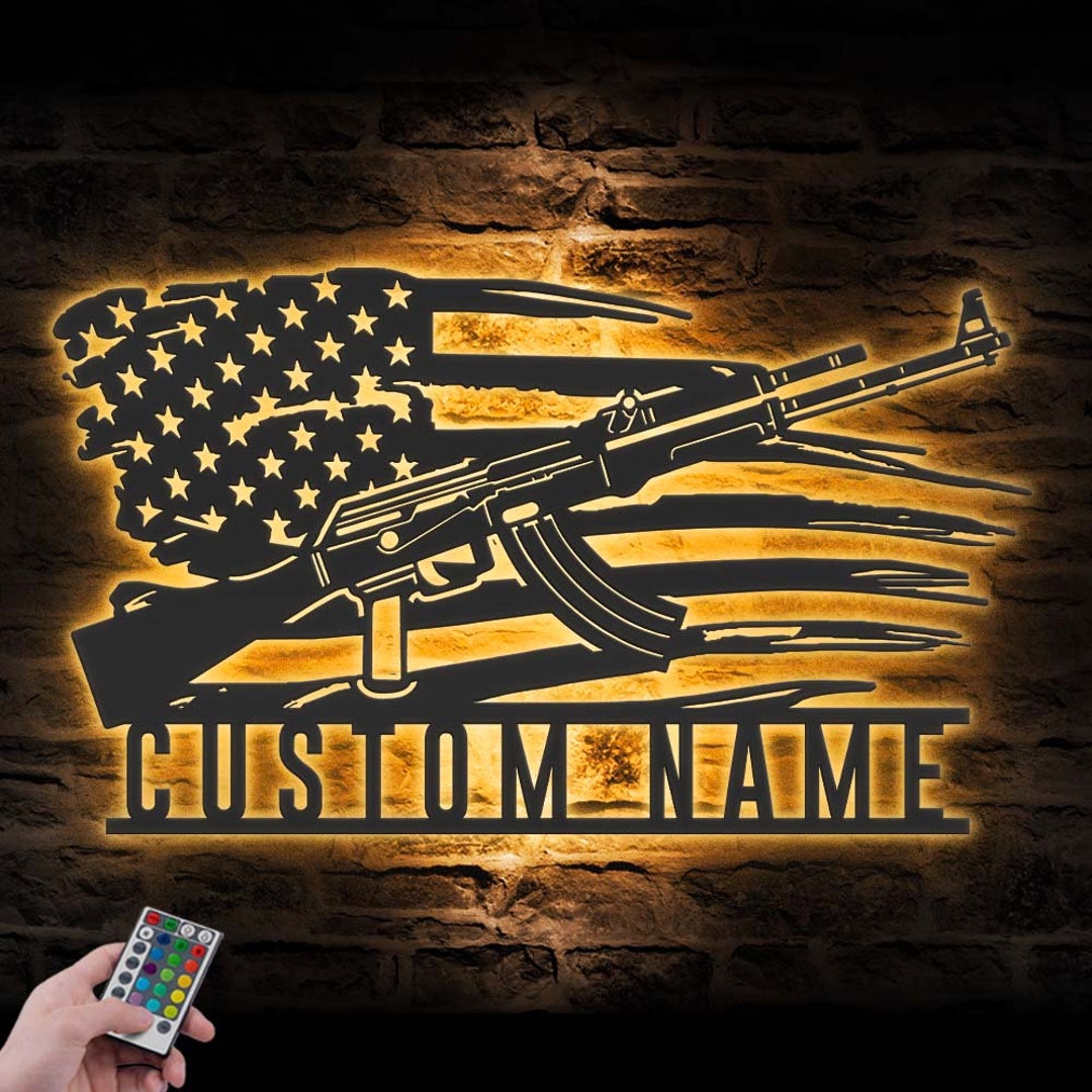 Custom Gun American Flag Metal Wall Art LED Light Personalized Second ...