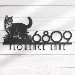 Custom Cat House Number Metal Address Sign Personalized Cat Home Number With Street Name Hanging Front Door Patio Decor Housewarming