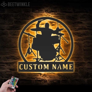 Custom Drummer Room Metal Wall Art LED Light Personalized Drum Lover Name Sign Home Decor Music Room Kids Nursery Decoration Birthday Xmas