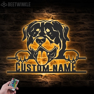 Custom Rottweiler Metal Wall Art LED Light Personalized Dog Lover Name Sign Home Decor Kids Nursery Pet Decoration Birthday Christmas Gift