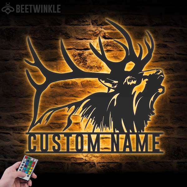 Custom ELK Deer Hunting Metal Wall Art LED Light Personalized Hunter Name Sign Home Decor Antler Cabin Decoration Housewarming Xmas birthday