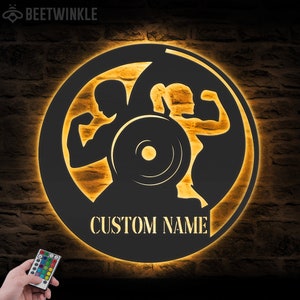 Custom Powerlifting Workout Metal Wall Art LED Light Personalized Weightlifting Name Sign Home Decor Bodybuilding Gym Fitness Decoration