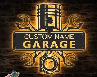 Custom Garage Metal Wall Art LED Light Personalized Workshop Name Sign Home Decor Car Mechanic Repair Decoration Repairman Birthday Xmas