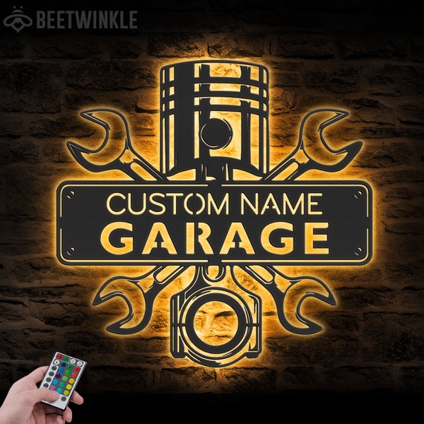 Custom Garage Metal Wall Art LED Light Personalized Workshop Name Sign Home Decor Car Mechanic Repair Decoration Repairman Birthday Xmas