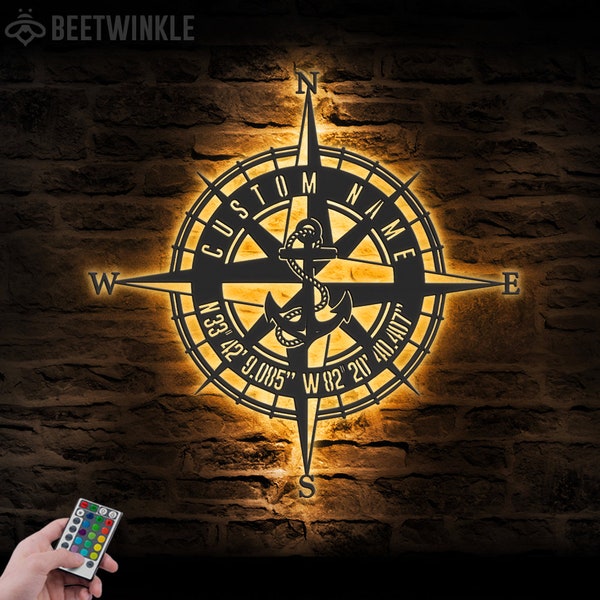 Custom GPS Anchor Compass Metal Wall Art LED Light Personalized Coordinates Sign Home Decor Nautical Decoration Housewarming Birthday Xmas