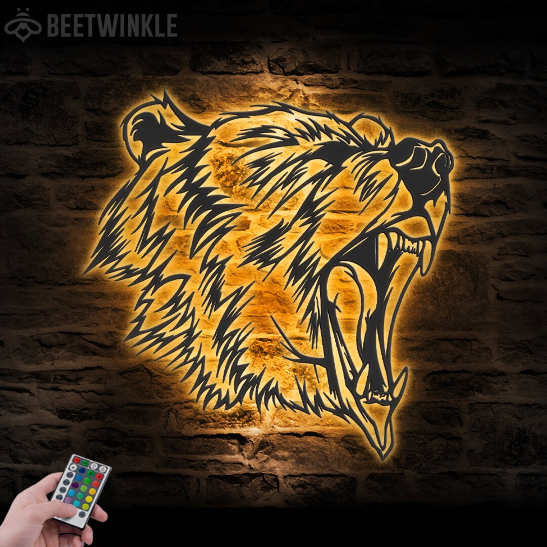 Grizzly Bear Metal Wall Art LED Light Angry Bear Sign Home Decor Bear