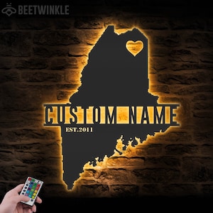 Custom Maine Map Metal Wall Art LED Light Personalized Maine State Name Sign Home Decor Born in Maine Decoration Housewarming Birthday Xmas