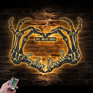 Custom Skeleton Hand Heart Name And Date Metal Wall Art LED Light Personalized Heart Infinity Sign Decor Couple Halloween Love Decoration