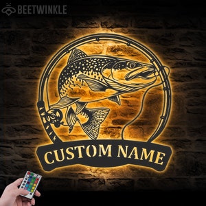 Custom Trout Fishing Metal Wall Art LED Light Personalized Fisher Name Sign Home Decor Boy Girl Nursery Decoration Birthday