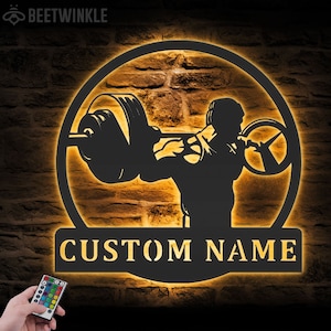 Custom Powerlifting Workout Metal Wall Art LED Light Personalized Deadlift Barbell Name Sign Home Decor Bodybuilding Gym Fitness Decoration